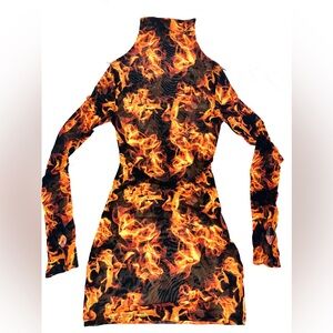 Custom mesh long sleeve flame fire dress with spiked shoulders size M